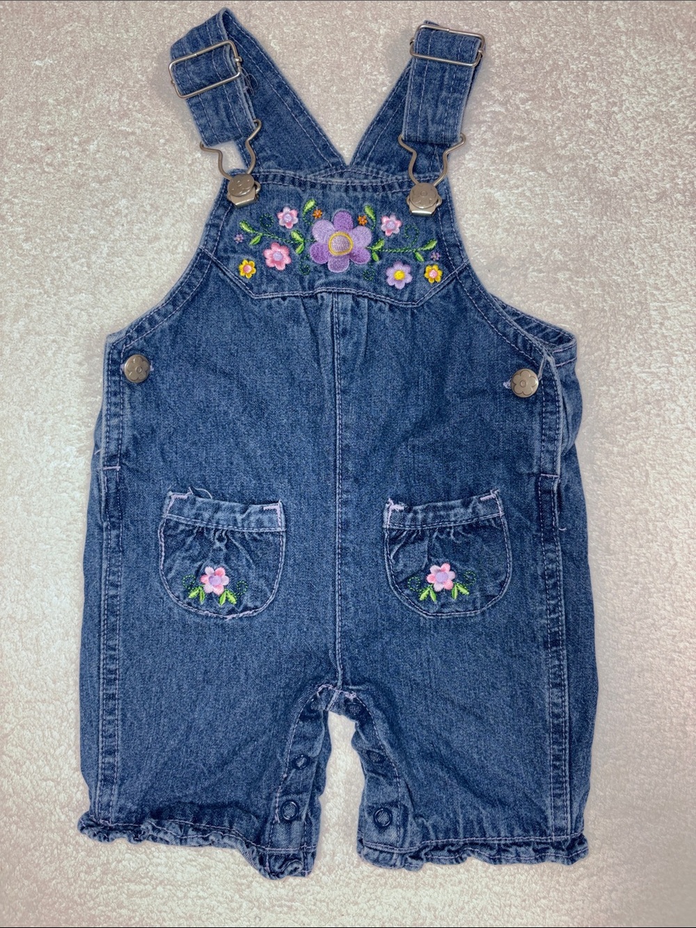 Vintage Mayfair Embroidered Floral Denim ruffle Overalls girls 0/3m